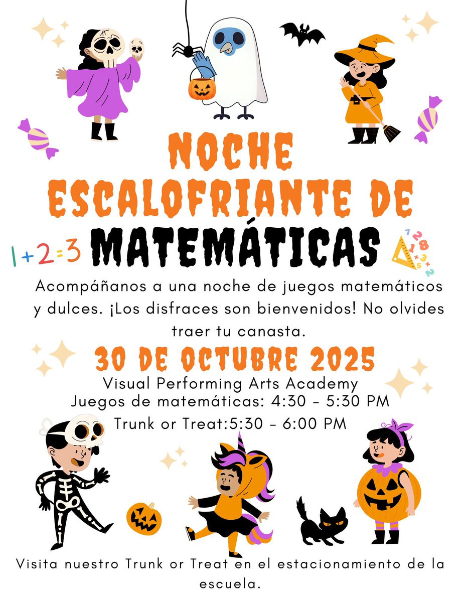 VPAA_SWPS's tweet photo. ๐ Get ready for a spook-tacular time at our Monster Math Night on Oct. 30! ๐๐ฆ
Everyoneโs invited for math games, candy, prizes & our community Trunk-or-Treat! ๐ป๐ฌ
#MonsterMath #BlueJayPride #VPAA https://t.co/Ql5I3R21rG
