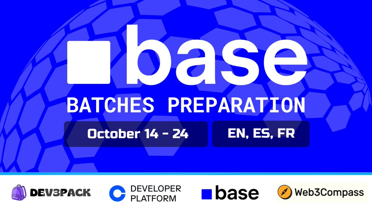 dev3pack's tweet image. Base Batches Preparation | Oct 14 - 24

We are hosting a base(d) online preparation in EN, ES &amp;amp; FR, in collaboration with @the_web3compass and @base 🤝

Turn your app into a mini-app with a 10-day async challenges &amp;amp; one live basecamp

Register now 🔗
shorturl.at/fnU6s