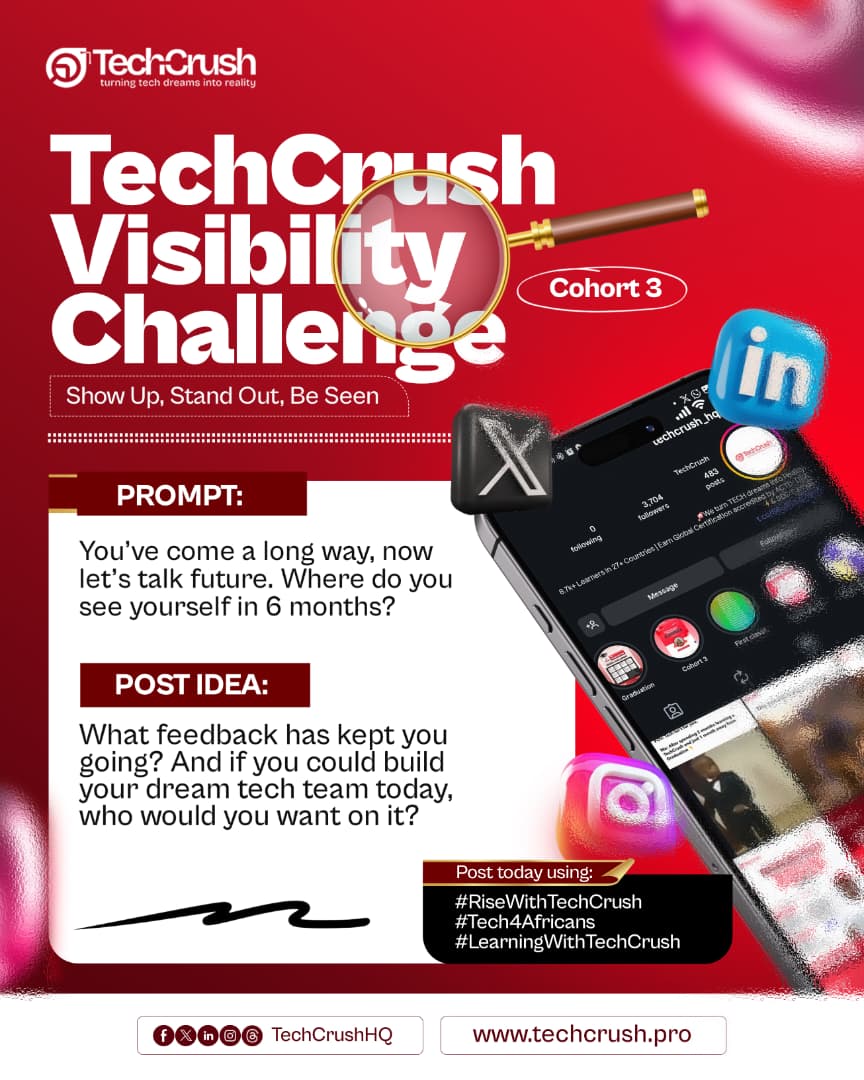 deevcoder's tweet image. ✨ Day 5 of the @TechCrushHQ Visibility Challenge
Grateful for this journey of learning, growth & amazing minds across Africa
In 6 months, I see myself building confidently & mentoring others.
Best feedback: “You’re doing great, keep showing up.”
#Tech4Africans #PM
