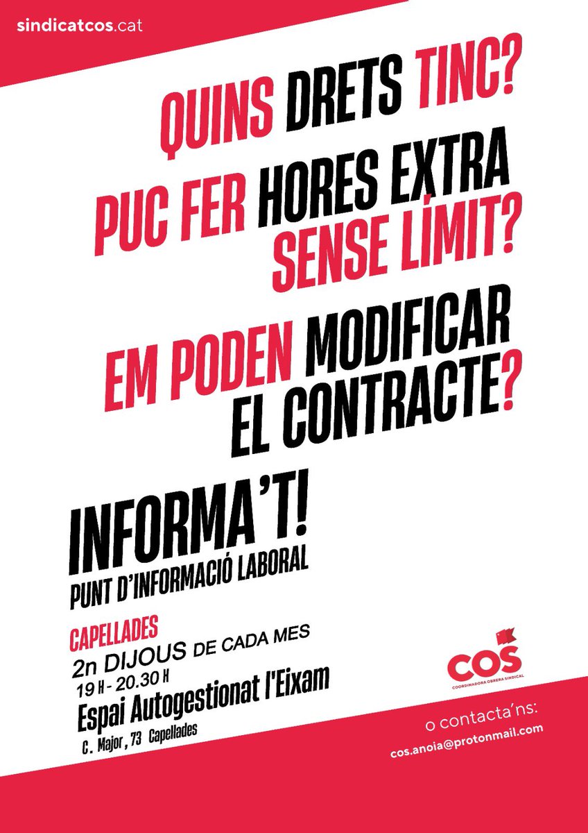 👥💬 Aquest dijous, torna el Punt d’Informació Laboral a l’Eixam, de la mà de la <a href="/COSANOIA/">COS ANOIA</a> 

🤝 Vine de 19 a 20h30 a informar-te o resoldre qualsevol dubte!