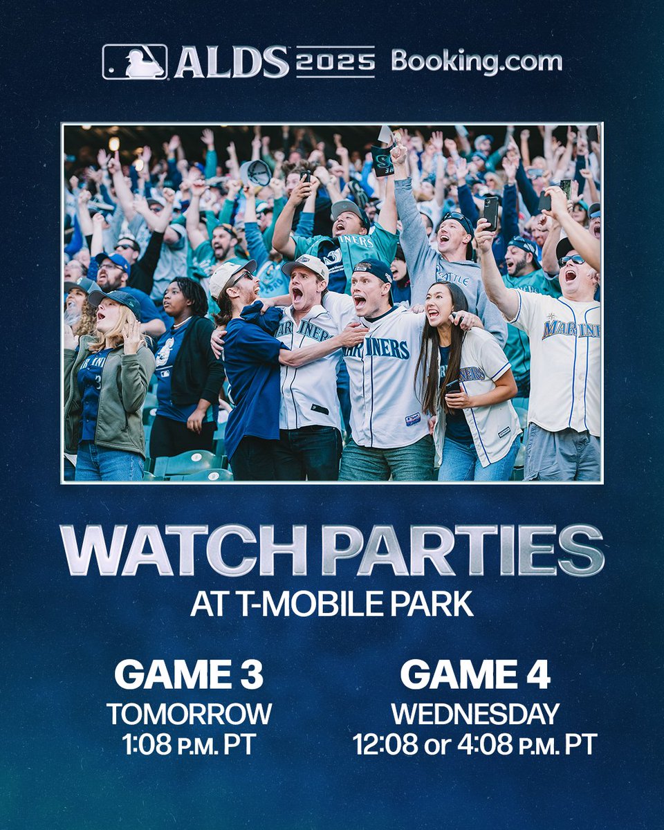 TMobilePark's tweet image. The series is shifting to Detroit, but the fun isn't stopping at the ballpark.
Join us for ALDS Watch Parties tomorrow and Wednesday!
🎟️ Mariners.com/WatchParty