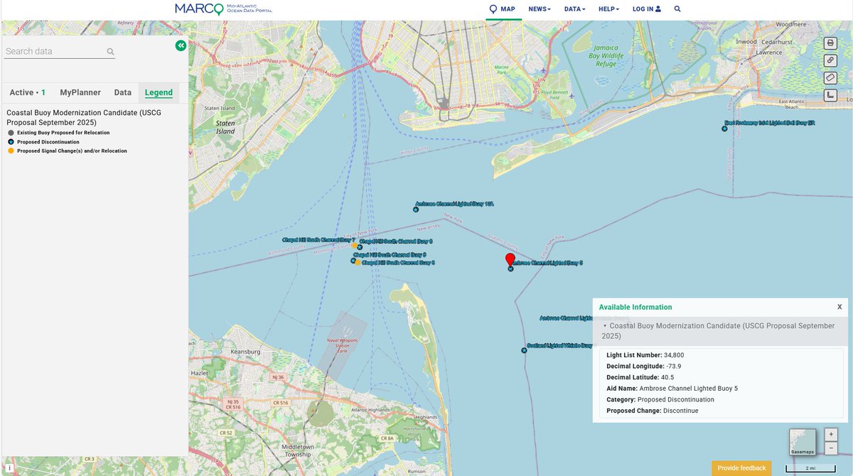 The Coast Guard adjusted its Coastal Buoy Modernization Proposal for waters in the Northeast District based on nearly 3,000 public comments. See what changed in our updated map and share your input by 11/15.

ℹ️ Details: portal.midatlanticocean.org/news/coastal-b…
🗾 Map: portal.midatlanticocean.org/url_shortener/…