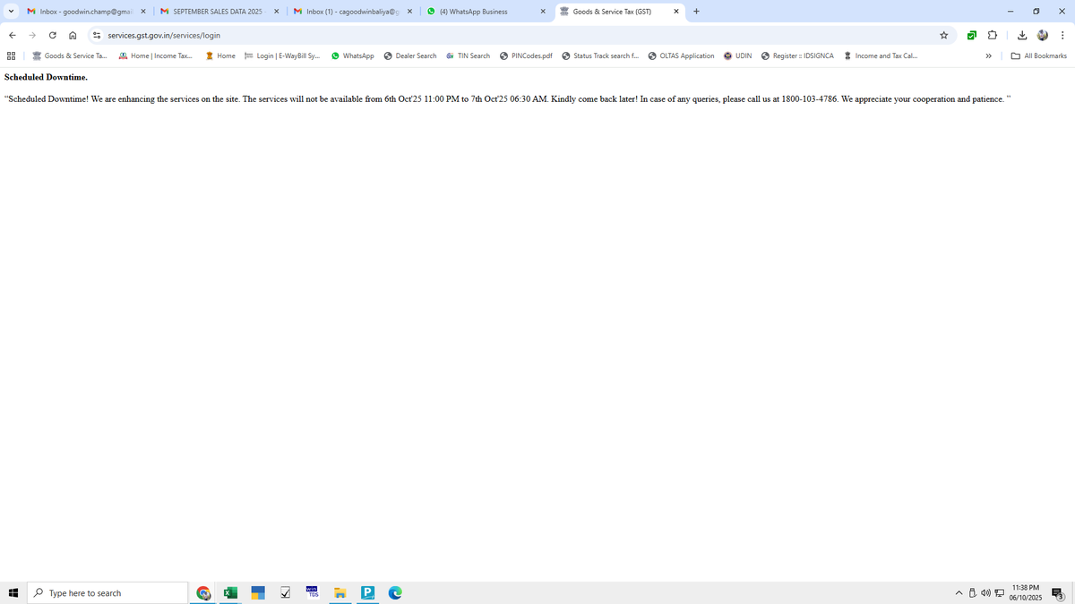 Champ1808's tweet photo. @nsitharamanoffc @nsitharaman @Infosys_GSTN @gstindia @GST_Council Kindly extend the due date of Tax Audit Report from 31st Oct 2025 to 05th Nov 2025, as of now, because GST portal is going under maintenance on every single day. Out of last 6 days, portal was under maintenance for 5 days for almost 6hrs every day. https://t.co/B23k4Mjqer