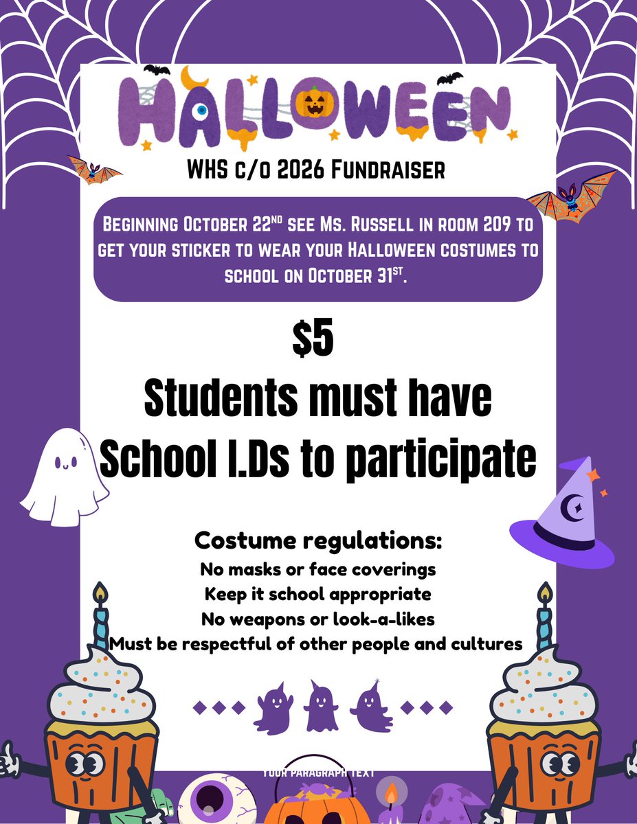 🎃 Panthers! Want to wear your Halloween costume at school?
👉 $5 passes on sale Oct 22–29 Room 209 (Ms. Russell) 💳 Must have your school I.D.
🗓️ Costume Day = Oct 31 ⚠️ No masks, weapons, or inappropriate costumes.
Support the Class of 2026! 💜👻
#PantherNation #Halloween2025