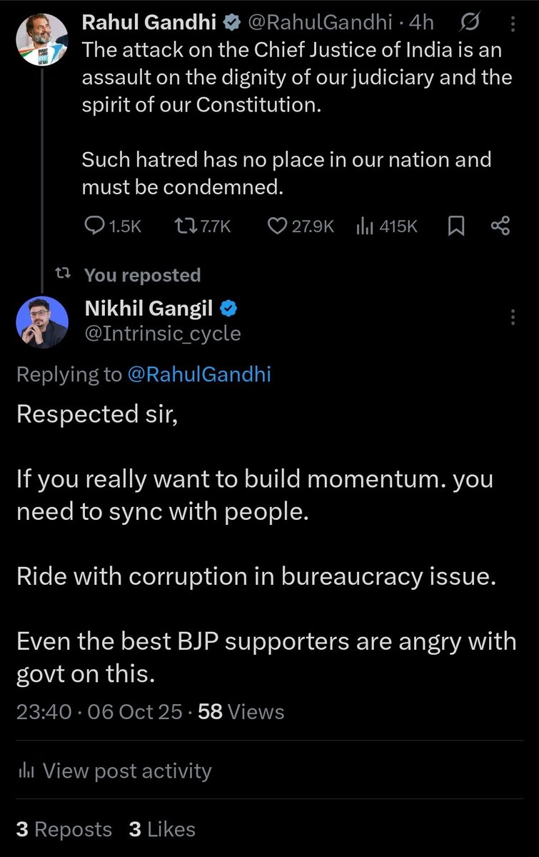 Intrinsic_cycle's tweet image. It would be foolish to think that Modiji or RG doesnt know what is really making people angry.
Its not CJI or some stupid statement.
Its corruption, Potholes and Non Ease of doing business.

But both wont tweet about it. 
Because they understand , real issues dont give them…