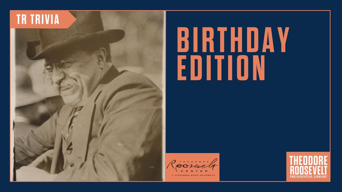 TRPresLibrary's tweet image. 📌 Mark your calendars for TR Trivia: Birthday Edition on Monday, October 27 at 5:30pm MT.

✏️ Test your TR knowledge on his 167th birthday and see how well you really know our 26th president!

🥳 Join us live here: youtube.com/watch?v=-fP_84…

#TRTrivia #TheodoreRoosevelt…
