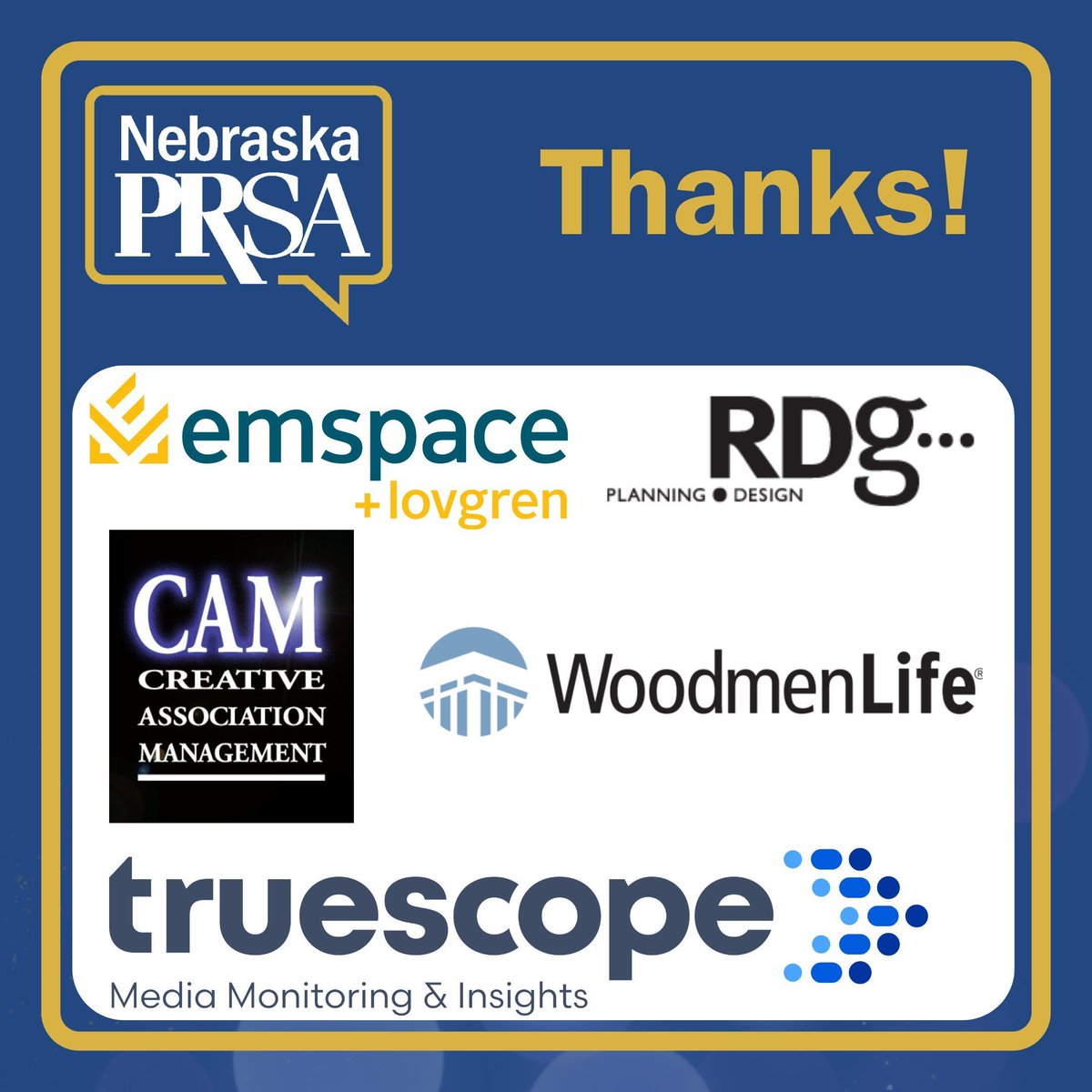 🤗 A big thank you to our sponsors! 🤗 

⭐ As a 2025 chapter sponsor, your generosity helps us provide valuable resources and opportunities for communications professionals across the state. 

🤩 We're grateful to have your support! 

#ThankYou #PRSANebraska