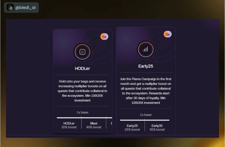 To get <a href="/solsticefi/">Solstice</a> first month boosts - the HODLer and Early25 boost

→ Hold min of 100USX and Join the Flares on Solstice below:

◇ Connect your Wallet 
◇ Connect your X account 
◇ Input invite code from any Solstice partner
◇ Add a referral code
◇ First Swap to USX earns