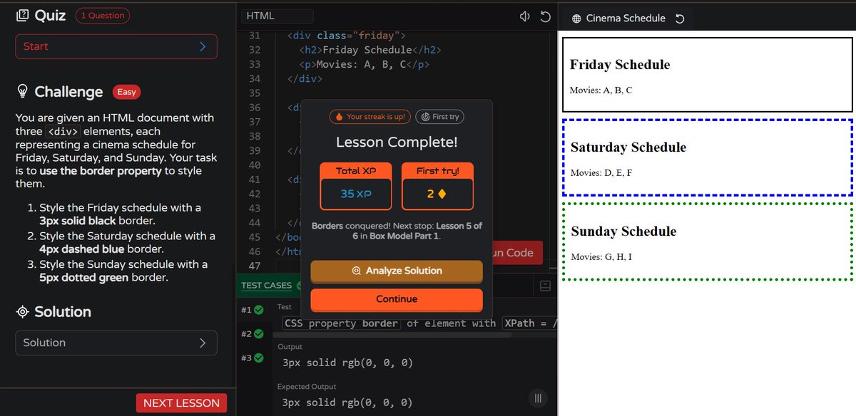 MoniTechCodes's tweet image. Day 63
streak going strong! Borders, divs, and CSS magic — small steps, big progress.
#100DaysOfCode #FrontendDev #CodingJourney
#30NitesOfCode
codedex.io/community/30-n…