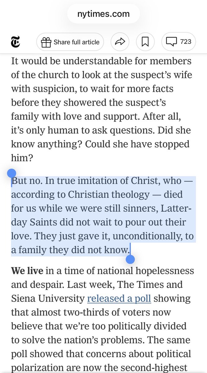 TeeplesCY's tweet photo. A recent New York Times article highlighted a striking contrast:

On the day of the tragedy, extremists claimed “Mormons aren’t Christian.”

Yet Latter-day Saints responded with unmistakably Christian compassion and love. https://t.co/clHysOrAuz