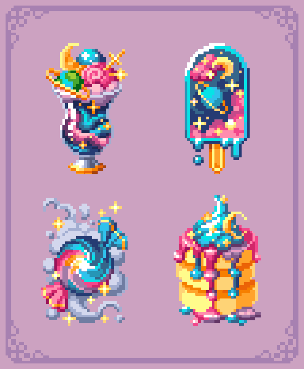 TaseMiru's tweet photo. Galactic Treats🌌
°
°
°
#cgart #digitalart #drawing
#artwork #pixel #pixelart #aseprite #props #sweets #galactic #treats #ドット絵 https://t.co/F9hANirtWC