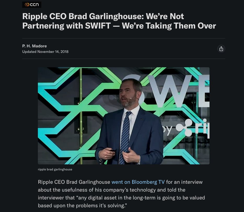 X__Anderson's tweet image. All the way back in 2018, Brad Garlinghouse said “What we’re doing and executing on a day-by-day basis is, in fact, taking over SWIFT.”