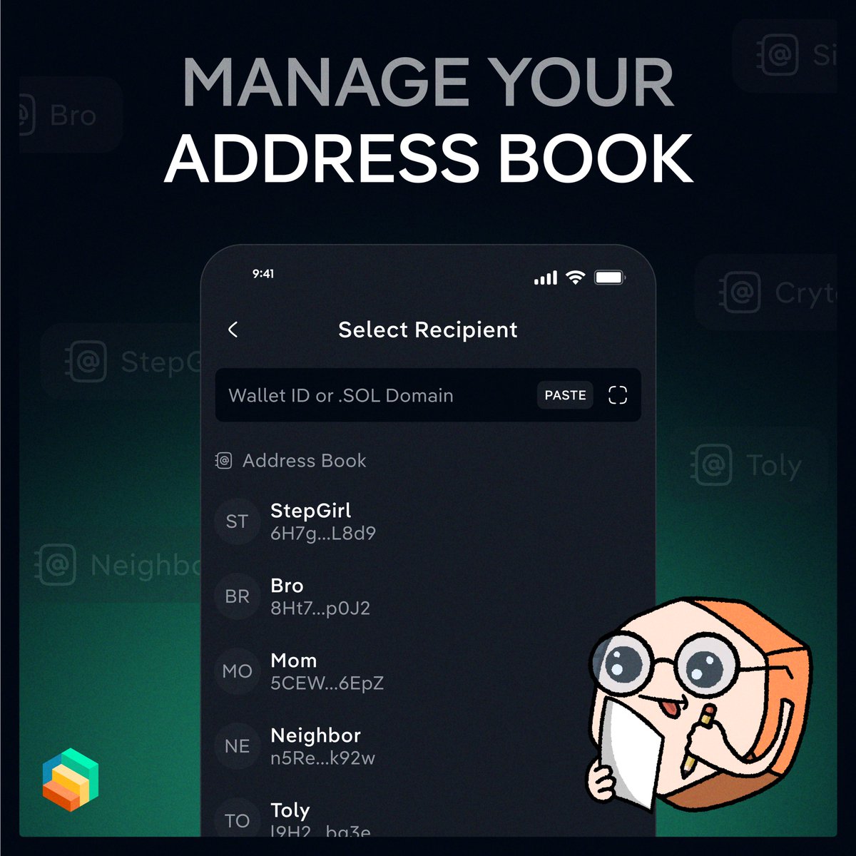 Step Wallet address book interface showing contacts like StepGirl, Bro, and Mom
