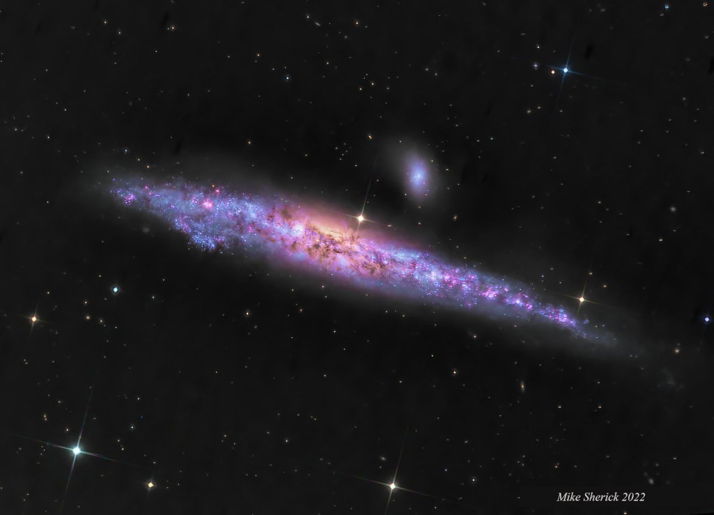 SpaceNewsFL's tweet image. ✨Astronomy Picture of the Day✨ NGC 4631: The Whale Galaxy (2022) Big beautiful spiral galaxy. Seen edge-on, it lies 25 million light-years away in the well-trained northern constellation Canes Venatici. #Astronomy #spaceScience