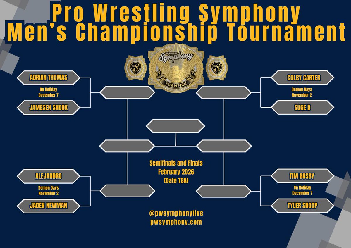 The PWS Men's Championship Tournament is locked in — Quarterfinals take place at Demon Days (11/2) and On Holiday (12/7) 

- Adrian Thomas (<a href="/ADRE_OTM/">#BOMAYE Adrian Thomas</a>) vs. Jamesen Shook (<a href="/jshook_75/">Jamesen Shook</a>)
- Alejandro (<a href="/TheChicanoKid/">Alex.Hernandez</a>) vs. Jaden Newman (<a href="/Jaden4Real/">jaden newman</a>)
- Colby Carter (<a href="/TheColbyCarter/">C o l b y C a r t e r</a>) vs.