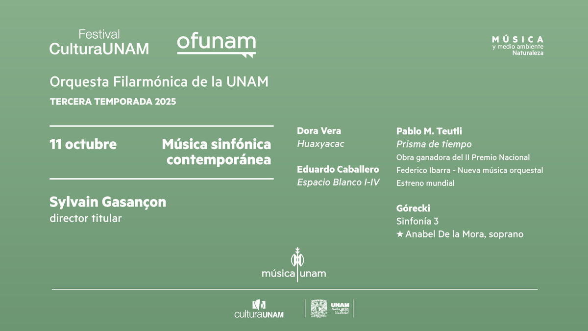 OFUNAM's tweet photo. OFUNAM | Música sinfónica contemporánea
En este concierto nos acercamos a la música sinfónica contemporánea de México y Polonia. Destacamos el estreno mundial de “Prisma de tiempo” de Pablo M. Teutli, obra ganadora del II Premio Nacional Federico Ibarra de Nueva Música Orquestal, que explora la relación entre el tiempo y la música. Además de la Sinfonía núm. 3 de Henryk Górecki conocida como la “Sinfonía de las canciones dolientes”.

Participan: Sylvain Gasançon, director titular / Anabel De la Mora, soprano

#MúsicaUNAM #CulturaUNAM