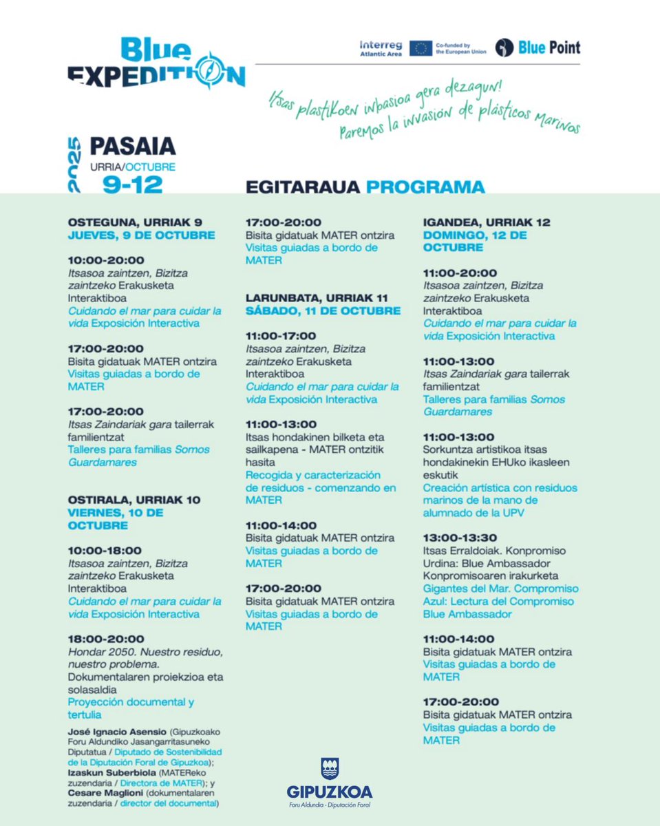 Bluepointproj's tweet photo. 📍 Pasaia, 9–12 oct
¡Consulta el programa completo de la #BlueExpedition!
Exposición, talleres, documental, recogida de residuos y más 🌊
💙 Por un mar libre de plásticos
#BluePointProject #BlueAmbassadors @MaterMuseoa https://t.co/YOJ8vdGyAn