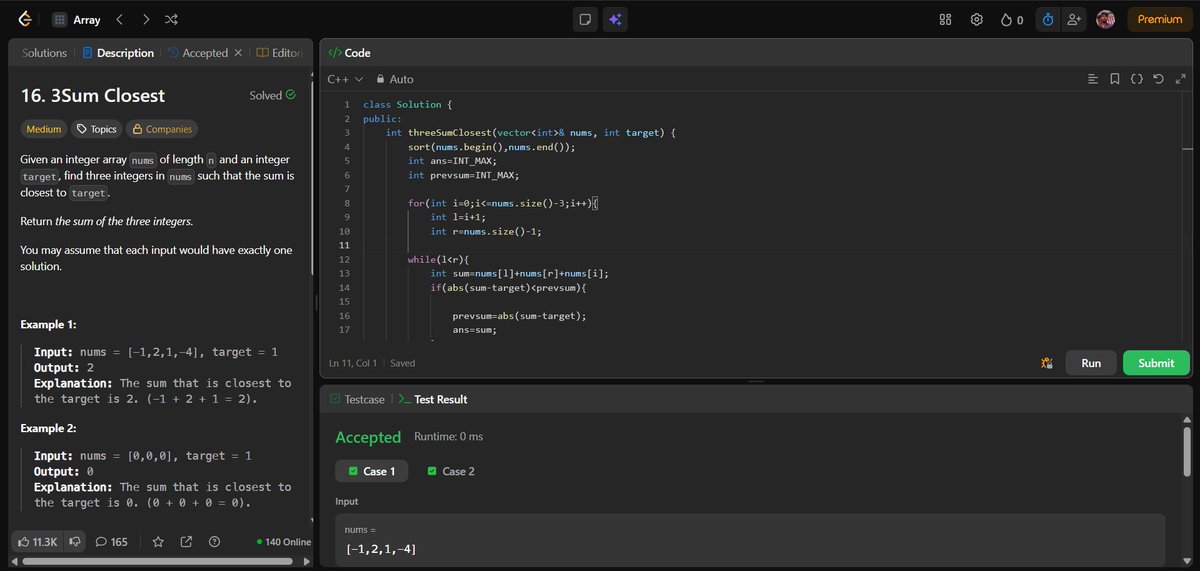 shivam21102005's tweet image. Day 60 of #100DaysOfCode 💻
Solved “3Sum Closest” today — a twist on the classic 3Sum problem.
Focused on logic optimization and precision in finding nearest targets 🎯
Every day, a bit sharper with problem-solving!
#LeetCode #Cplusplus #CodingJourney