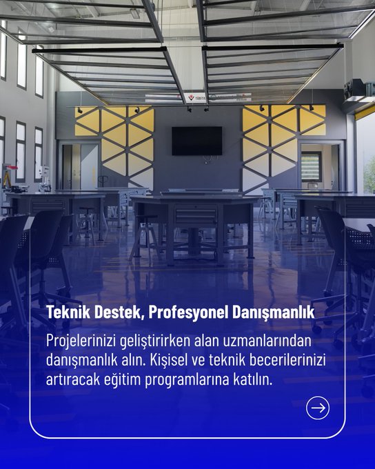 Exterior view of a modern university building with Milli Teknoloji Atölyeleri signage in Turkish and logos including TÜBİTAK on a clear day featuring a blue sky and structured facade with windows and doors. Interior classroom with white tables chairs yellow accents posters on walls including TÜBİTAK branding and educational displays. Spacious workshop area with high glass ceiling yellow geometric wall panels tables chairs and a mounted screen for technical training. Promotional signboard showing Milli Teknoloji Atölyeleri text with 2025 goal of 50 workshops in universities.