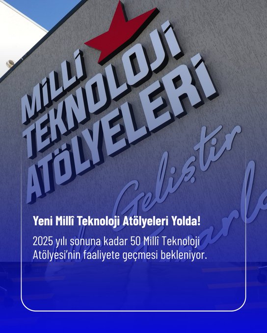 Exterior view of a modern university building with Milli Teknoloji Atölyeleri signage in Turkish and logos including TÜBİTAK on a clear day featuring a blue sky and structured facade with windows and doors. Interior classroom with white tables chairs yellow accents posters on walls including TÜBİTAK branding and educational displays. Spacious workshop area with high glass ceiling yellow geometric wall panels tables chairs and a mounted screen for technical training. Promotional signboard showing Milli Teknoloji Atölyeleri text with 2025 goal of 50 workshops in universities.