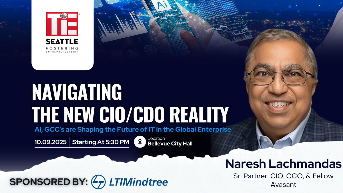 Join us Oct 9 for Navigating the New CIO/CDO Reality: AI &amp; GCCs in Global Enterprise.

Featuring Naresh Lachmandas, Sr. Partner, CIO, CCO &amp; Fellow at Avasant, with past leadership roles at Sony, L3, and General Atomics.

🔗 events.tie.org/NavigatingtheN…

#CIOEvent #AI