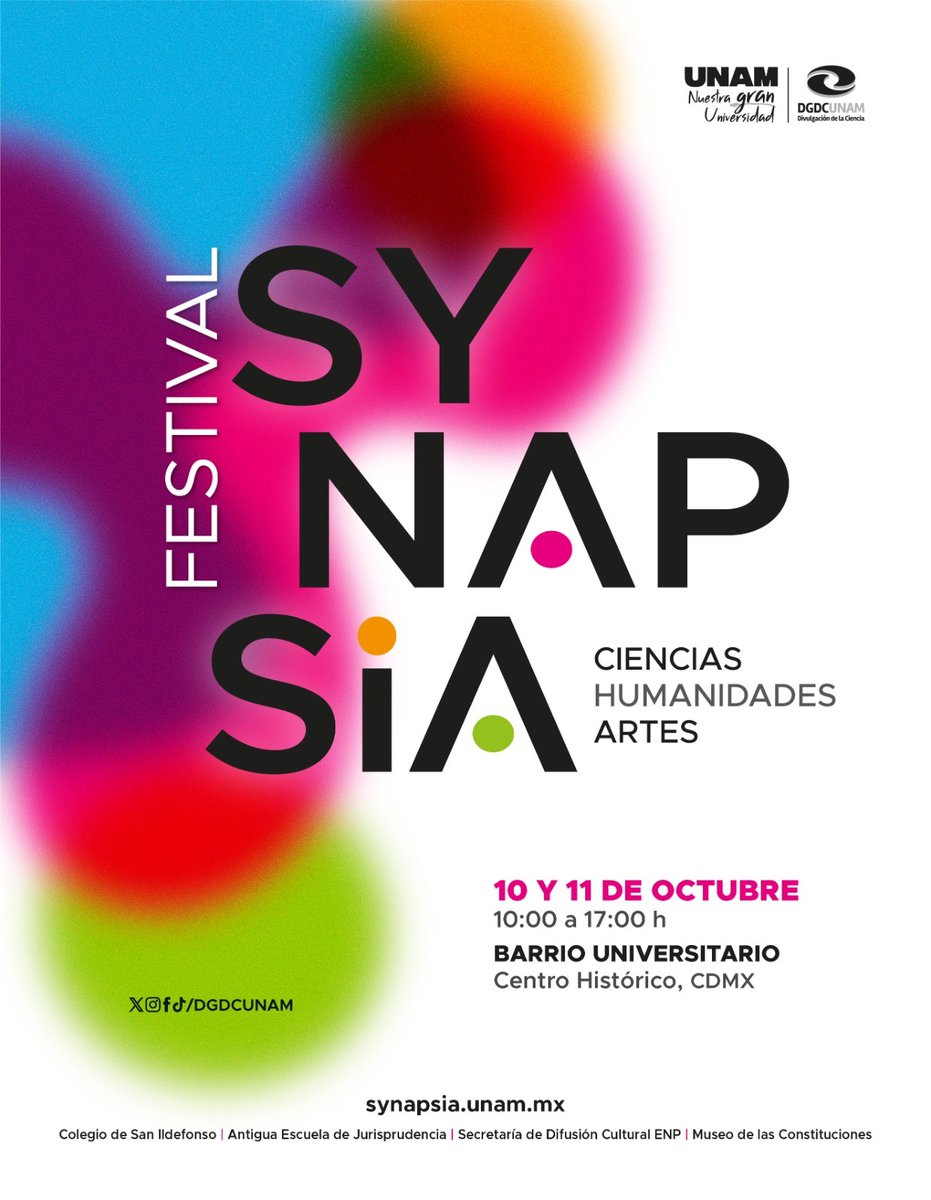 MetroCDMX's tweet photo. El Festival #SYNAPSIA conjunta las ciencias, las humanidades y el arte para transformar las calles del Barrio Universitario del Centro Histórico de la CDMX. ¡El 10 y 11 de octubre ven al Centro Histórico!#TodoConecta #IdeasEnMovimiento #SYNAPSIAEnElBarrio
Consulta el programa y calendario de actividades en: @DGDCUNAM