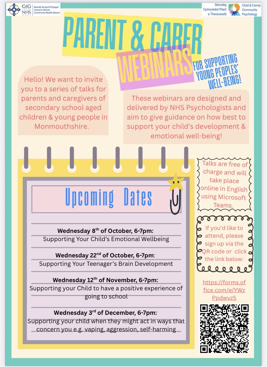 Dear Parents/Guardians🔔‼️

Here are some upcoming emotional wellbeing webinars, that may be of some interest to you! 

Use the QR code to sign up.