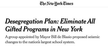 First image shows a news headline from Robby Soave dated April 21, 2021, stating In the Name of Equity, California Will Discourage Students Who Are Gifted at Math, with subtitle The new framework aims to keep everyone learning at the same level for as long as possible. Second image displays The Seattle Times headline Why Seattle Public Schools is closing its highly capable cohort program from March 31, 2024. Third image features Detroit Free Press article Troy School Board eliminates middle school honors math classes despite parent outrage, updated May 26, 2023, with reporter Niraj Warikoo photo. Fourth image presents The New York Times article Desegregation Plan: Eliminate All Gifted Programs in New York, mentioning a group appointed by Mayor Bill de Blasio proposing changes to the nations largest school system.