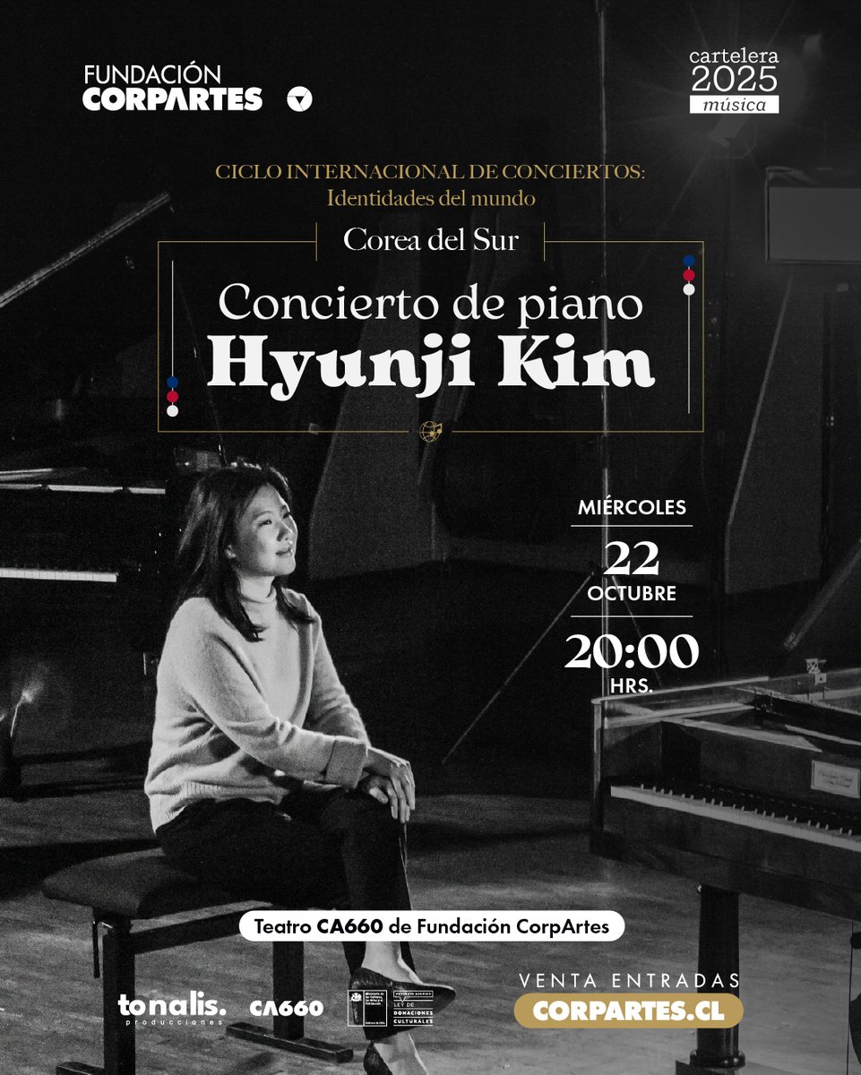 #CONCIERTO COREA DEL SUR 🇰🇷🇨🇱
Descubre a nuevos artistas del mundo: Desde Corea del Sur, llega a #Chile la pianista Hyunji Kim.

🎹Tickets: ticketplus.cl/events/concier…
🎉Descuento: Estudiantes, Tercera Edad, <a href="/Muni_LasCondes/">Las Condes</a>, <a href="/MuniVitacura/">Municipalidad de Vitacura</a> y <a href="/latercera/">La Tercera</a>.

<a href="/coreachile/">embajadacoreachile</a>
<a href="/danorquinteros/">Danor</a>
