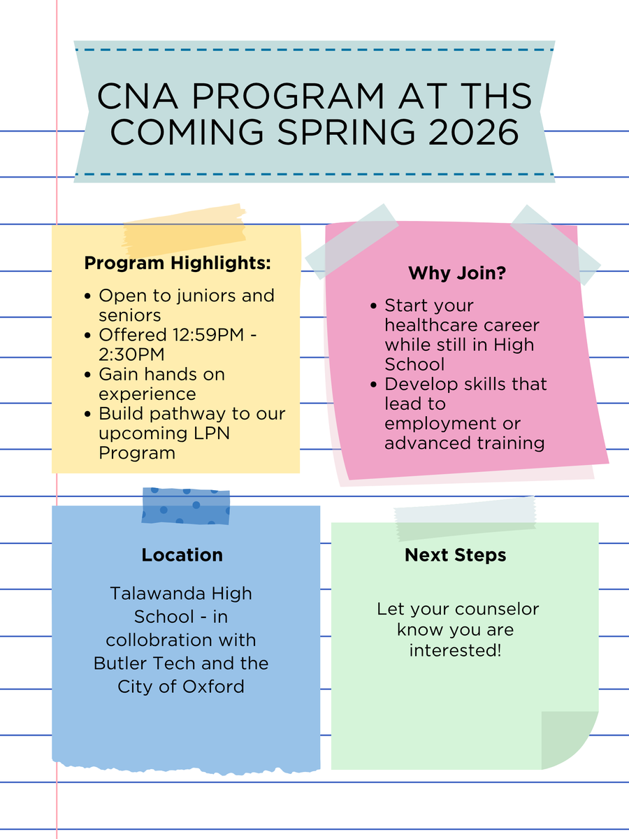 TalawandaSC's tweet photo. Juniors and seniors: stop by the counseling office for more information on joining our in house CNA program starting spring 2026! https://t.co/ADG6kqkVzw