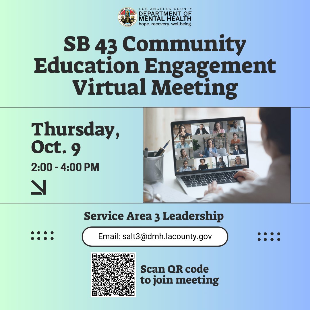 LACDMH's tweet image. Join SALT 3 for an SB 43 Community Education Engagement virtual meeting. Learn how SB 43 makes changes to the Lanterman-Petris-Short (LPS) Act — a California law governing involuntary detention, treatment, and conservatorship of people with behavioral health conditions.

📅…