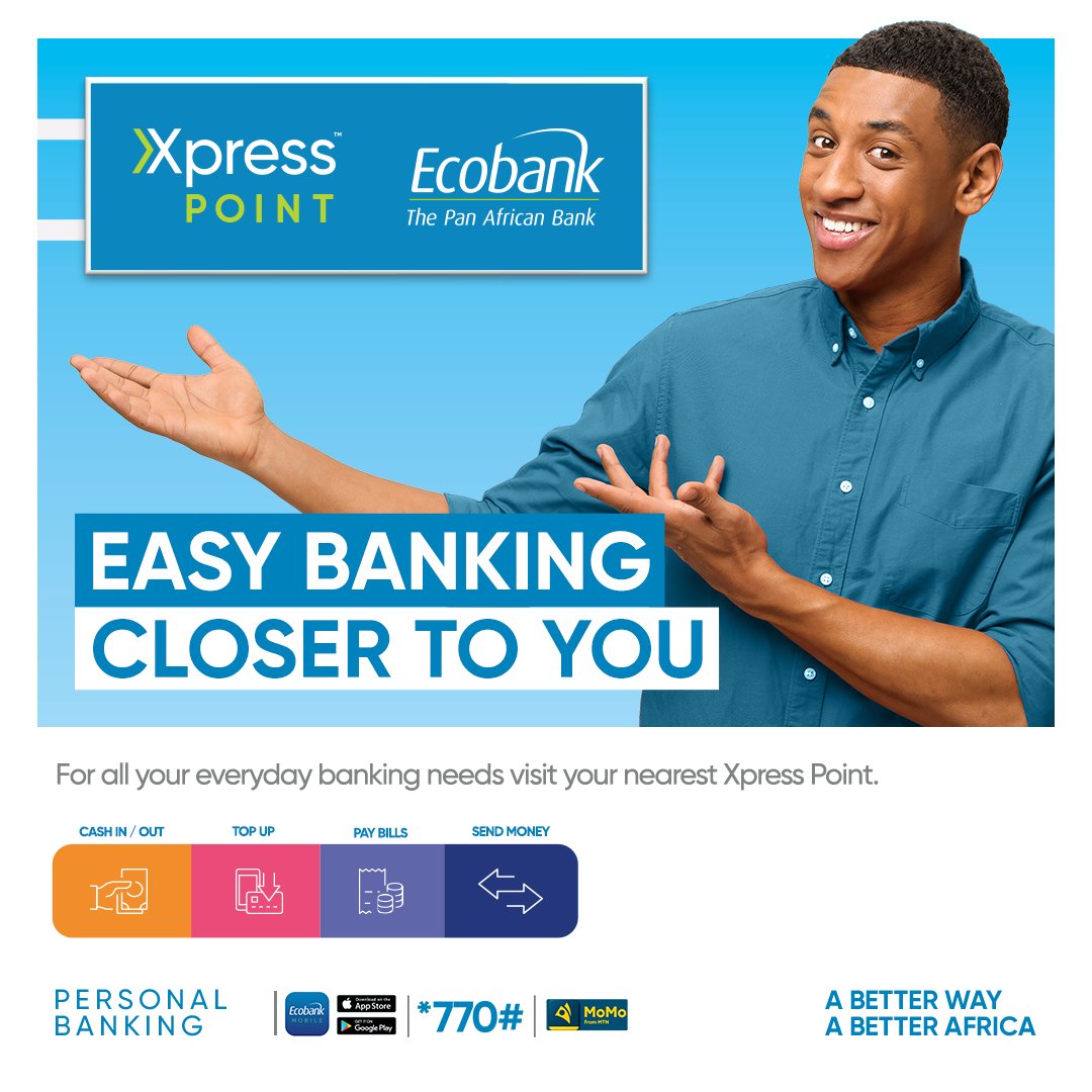 EcobankGhanaPLC's tweet photo. Skip the queues, not your plans. Your everyday cash needs are just around the corner.
Visit the nearest Xpress Point and bank with ease.
#EcobankAgencyBanking #Ecobank #XpressPoint #EasyBanking https://t.co/9Btc15Nsxn