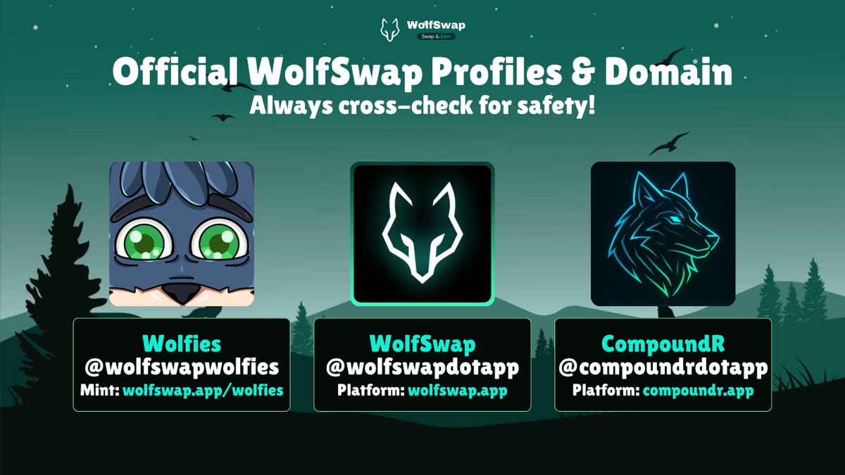 As the Wolfies mint is coming closer, let's take a moment to for safety first

Only official accounts of the WolfSwap brand are:
<a href="/wolfswapdotapp/">Wolfswap | Swap & Earn</a>
<a href="/wolfswapwolfies/">Wolfies</a>
<a href="/compoundrdotapp/">CompoundR</a>

Especially in the upcoming days, always cross-check content and links with our official channels!