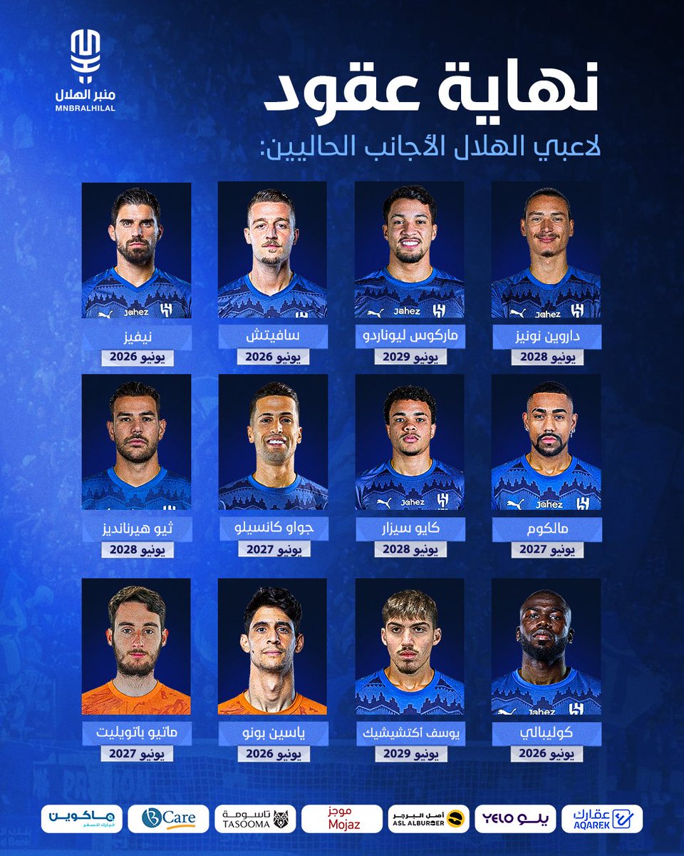🚨🚨📄 تعرف على نهاية عقود لاعبي الهلال الأجانب الحاليين.

• لاعب تود تجديد عقده؟ 🧐