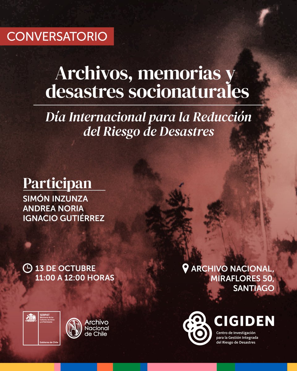 📅 Este 13 de octubre, te invitamos al conversatorio
🗣️ “Archivos, memorias y desastres socionaturales”
🕚 11:00 hrs | 📍 Archivo Nacional
🎟️ Entrada liberada
Con Simón Inzunza, Andrea Noria e Ignacio Gutiérrez.
+info 👇archivonacional.gob.cl/cartelera/conv…