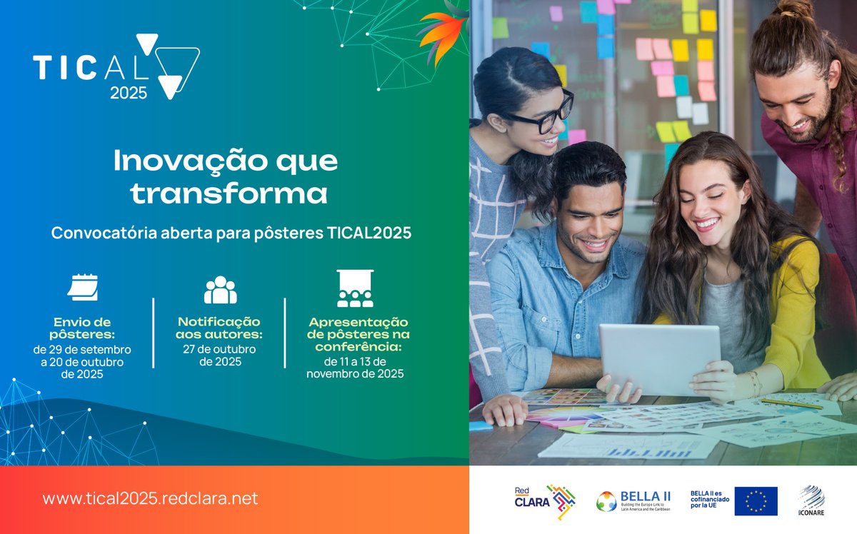 RedCLARA's tweet photo. A inovação procura protagonistas
Estão abertas as inscrições para a apresentação de posters TICAL2025!
Envie a sua proposta antes de 20 de outubro de 2025 e faça parte deste espaço que promove ideias transformadoras.
Detalhes: https://t.co/pQLmMjOMY7
@RedCONARE @BELLA_Programme https://t.co/h5K4AimUFj