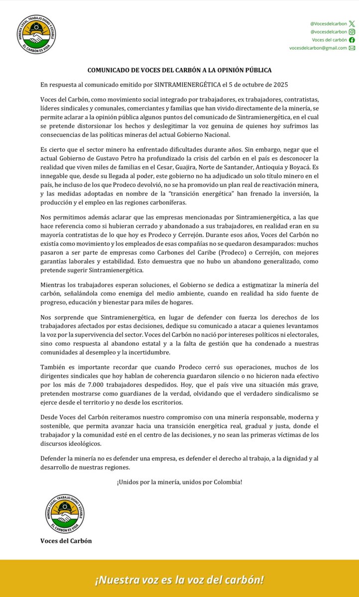 Vocesdelcarbon's tweet photo. Mensaje a la opinión pública en respuesta a @sintramienerget @elviamilenasd @claudiamzuleta @DELAESPRIELLAE @MariaFdaCabal https://t.co/DN2Faw51Sr
