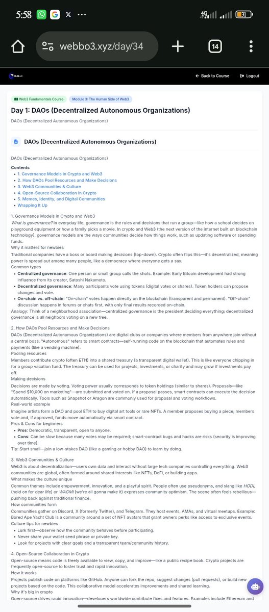 sammyx2004's tweet photo. Week 3 day 1: learned about Decentralized autonomous organization today
A decentralized autonomous decision making systems where members of a community or space have autonomous involvement in the decision making as pertain to that community.
@webbo3 @AnuFimidara @JohnsonJos74645 https://t.co/R9FNVHRUPz
