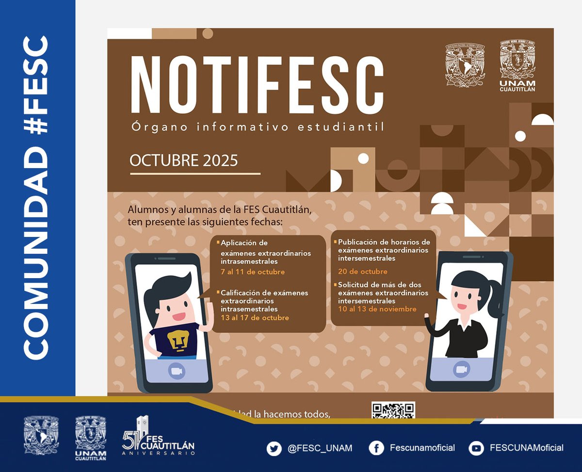 FESC_UNAM's tweet photo. Comunidad #FESCuautitlán #NotiFESC es el medio por el que conocerás actividades, convocatorias, trámites escolares y más.
Consulta el no. de octubre ➡️ https://t.co/udELgsfYj3 https://t.co/a0pwnoYV6m