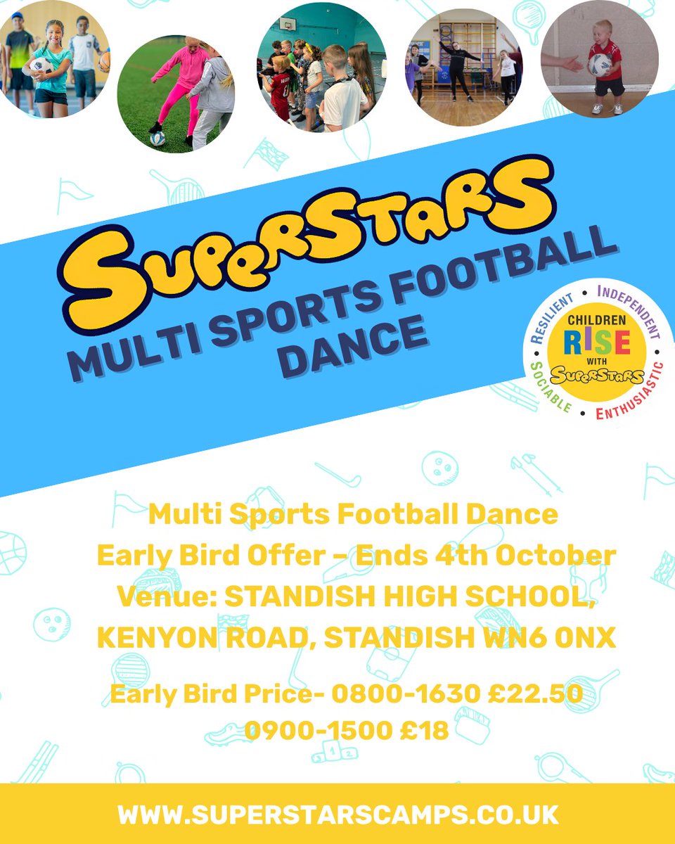 ⚽🎉 Don’t miss the Superstars Sports, Football &amp; Dance Camp at Standish High School!

📅 Early Bird ends 4 Oct
⏰ 08:00–16:30 £22.50 | 09:00–15:00 £18
💳 Pay via BACS, card, or childcare vouchers

👉 Book now: superstarscamps.co.uk

#holidayclub #sports #football