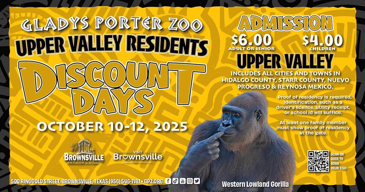 Upper Valley residents get ready for Discount Days at Gladys Porter Zoo!
Residents from Hidalgo and Starr Counties, as well as Reynosa and Nuevo Progreso, can enjoy discounted admission from Friday, October 10th, through Sunday, October 12th.

#GPZoo #DiscountDays #RGV