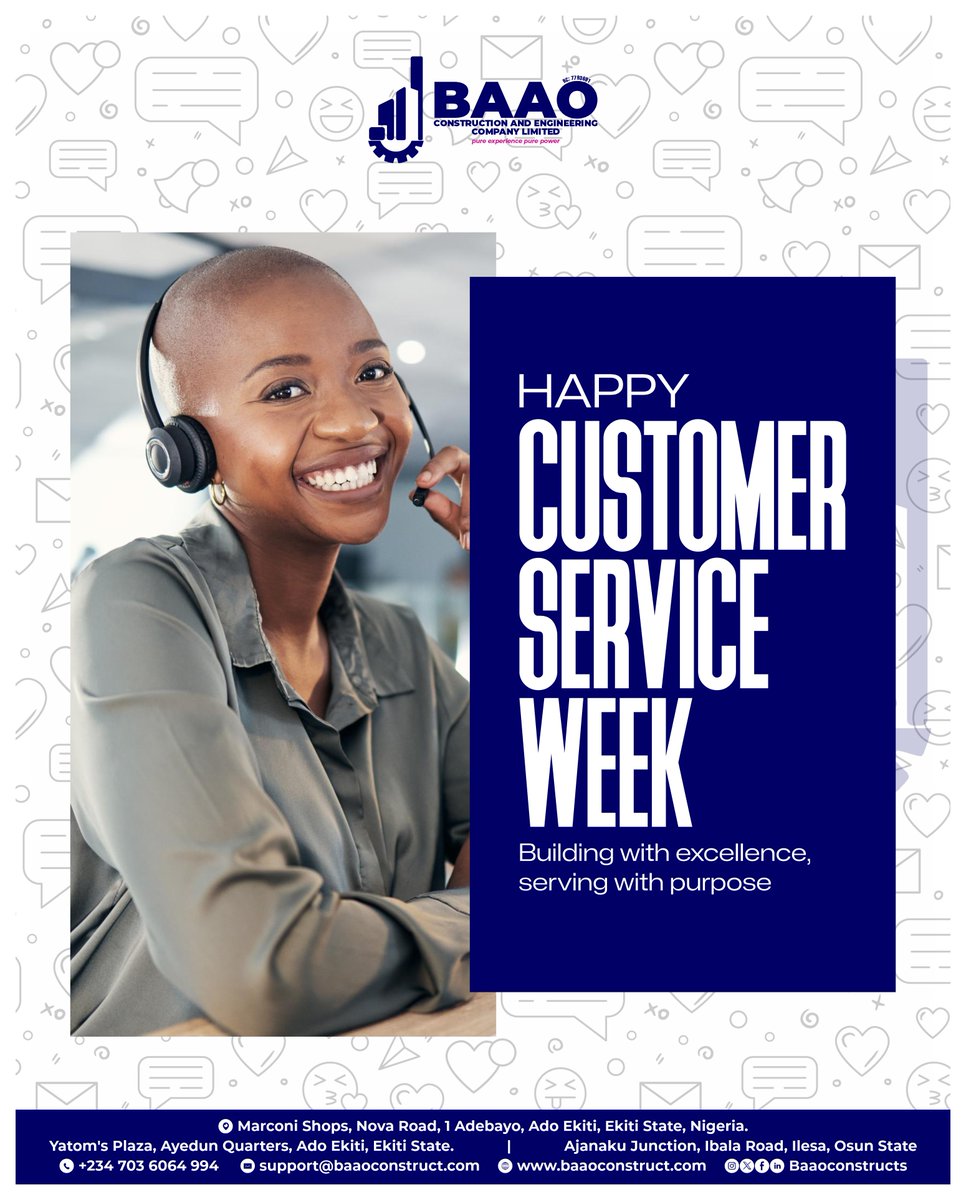 BaaoConstructs's tweet photo. Strong foundations, stronger relationships.
At BAAO CONSTRUCTION AND ENGINEERING COMPANY LIMITED, we build more than structures. we build trust through excellent service.
Happy Customer Service Week!
#Happycustomerweek #baaoconstructs #construction #constructionlife #engineering https://t.co/kgbOHObbcf