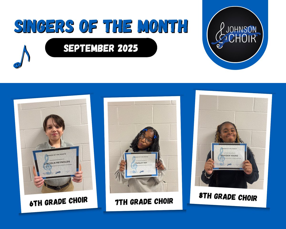 Congratulations to our Singers of the Month for the month of September!

Lincoln Reynolds - 6th Grade
Paisley Ray - 7th Grade
Brayden Young- 8th Grade

#RoarJagsRoar #SingJagsSing #YourVoiceMatters