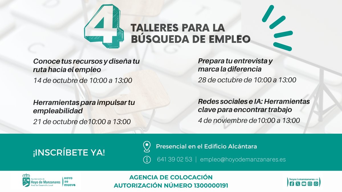 El Ayuntamiento de Hoyo de Manzanares, a través de 'Hoyo Emplea', pone en marcha un itinerario de cuatro talleres gratuitos dirigidos a mejorar las competencias de las personas en búsqueda activa de empleo. 

ℹ️ hoyodemanzanares.es/talleres-busqu…