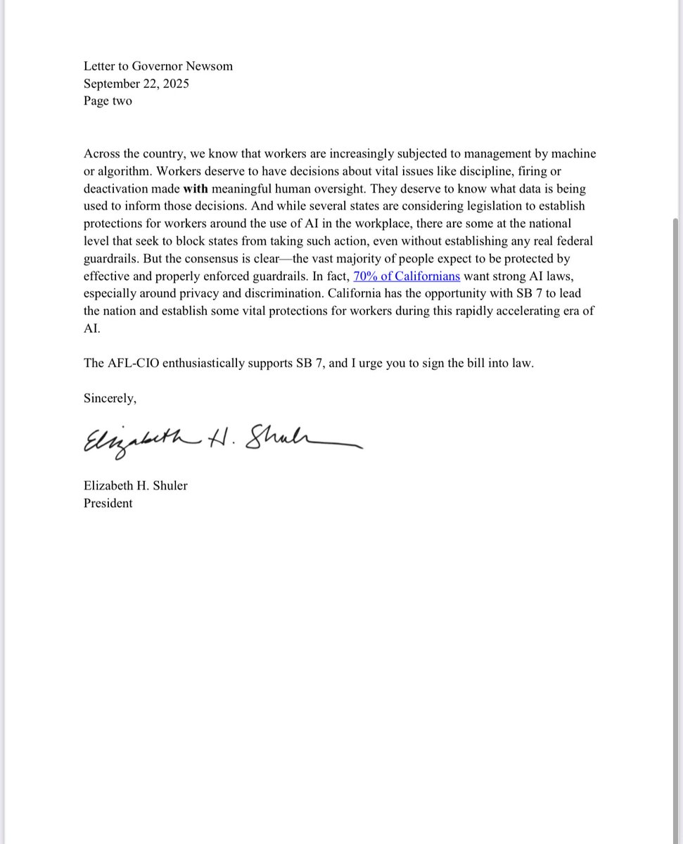 CaliforniaLabor's tweet photo. ATTN @CAGovernor

#SB7 is sitting on your desk awaiting signature, it bans employers from using AI to discipline or fire workers without human oversight. This is a national priority bill for the labor movement, backed by @AFLCIO President @LizShuler (1/5) https://t.co/bU5JzKA9NI
