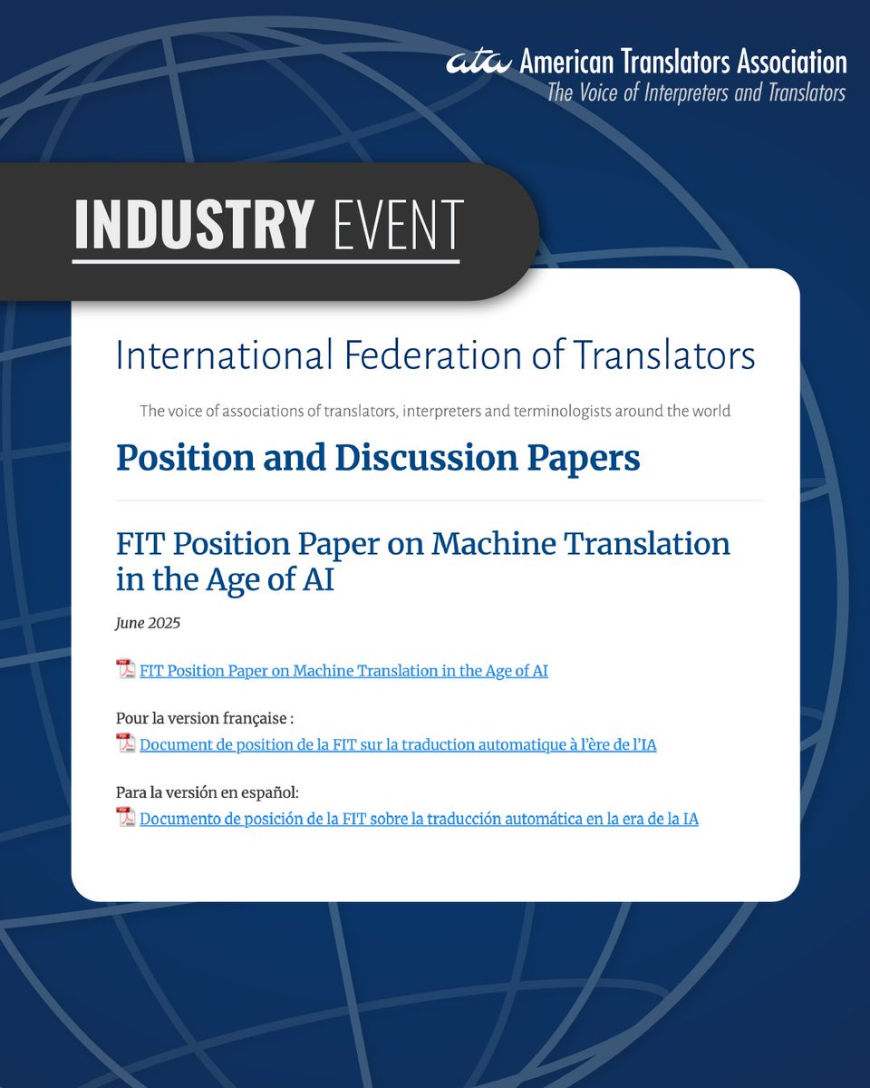 atanet's tweet image. The International Federation of Translators (FIT) published a position paper on #MachineTranslation (MT) to draw attention to the consequences of using MT both for the users and for professional #translators. Read it at en.fit-ift.org/position-and-d…. #ai #translation #xl8 #1nt #atanet