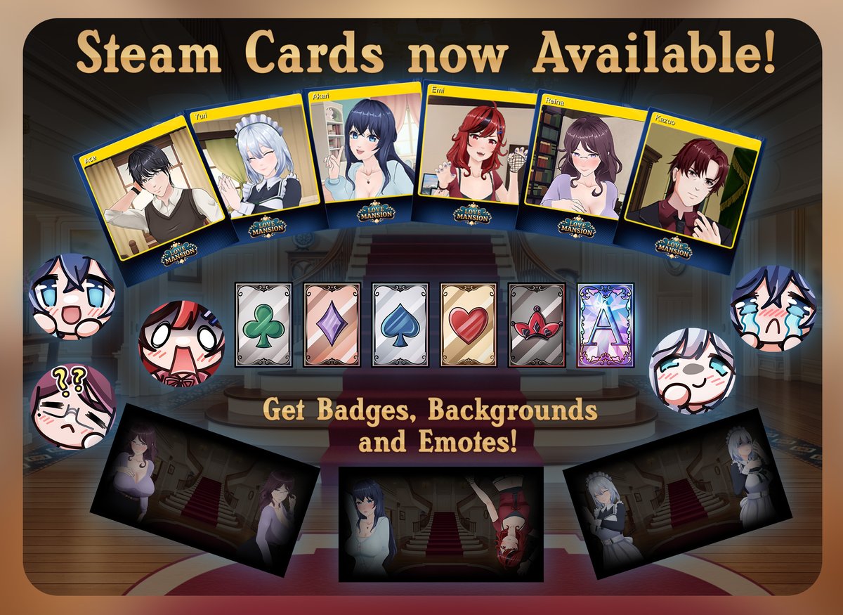 Steam Trading Cards are now live!  

You can start collecting them right away, along with badges, emoticons, and profile backgrounds!

💕Steam Page: store.steampowered.com/app/3207780

#LoveMansion #戀愛莊園 #メゾン・ラブ #恋爱庄园 #메종러브 #IndieDevs