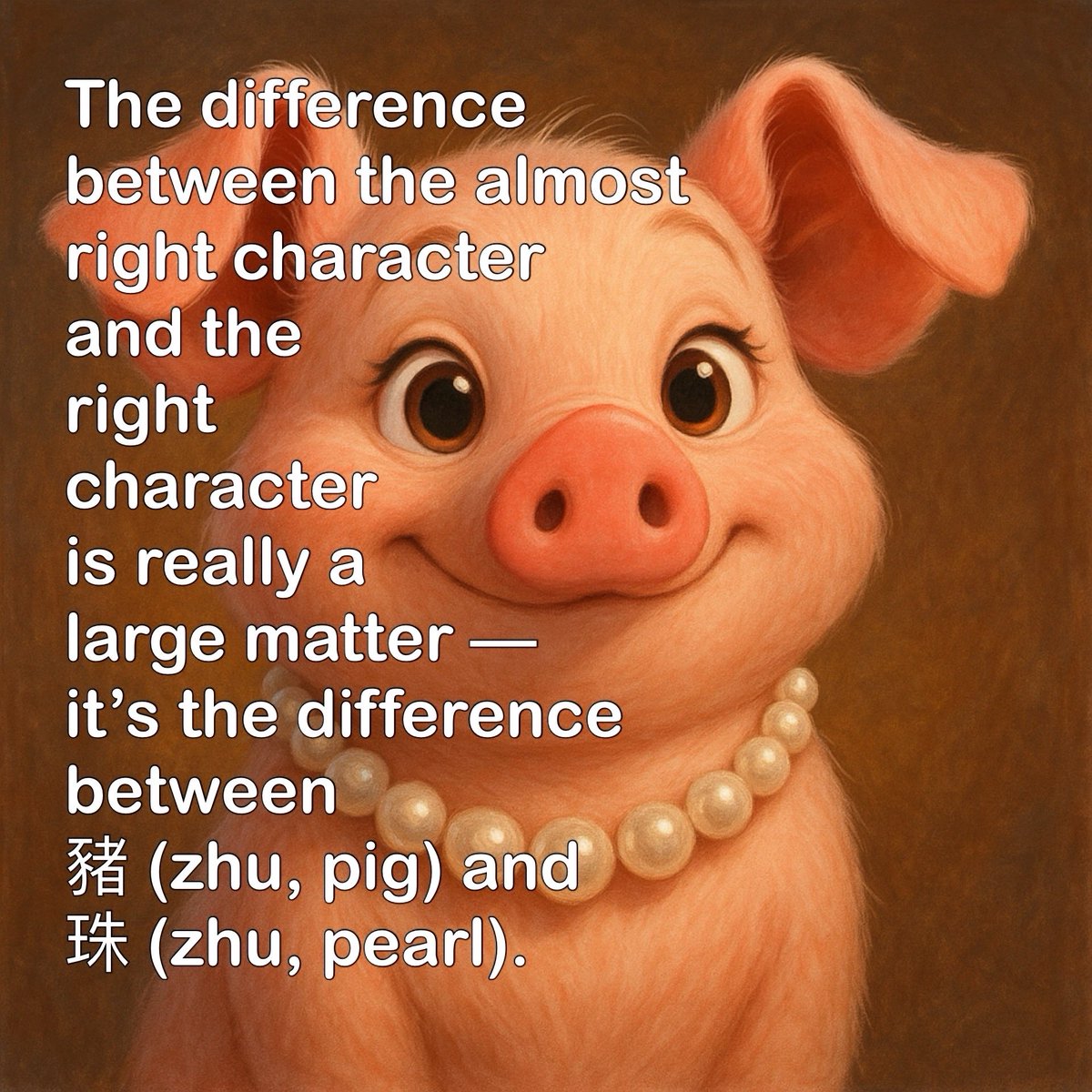 andychuang's tweet photo. The difference between the almost right character and the right character is really a large matter — it’s the difference between 豬 (zhū, pig) and 珠 (zhū, pearl). 
Inspired by Mark Twain’s lightning and lightning bug. https://t.co/4ANvAdOUik