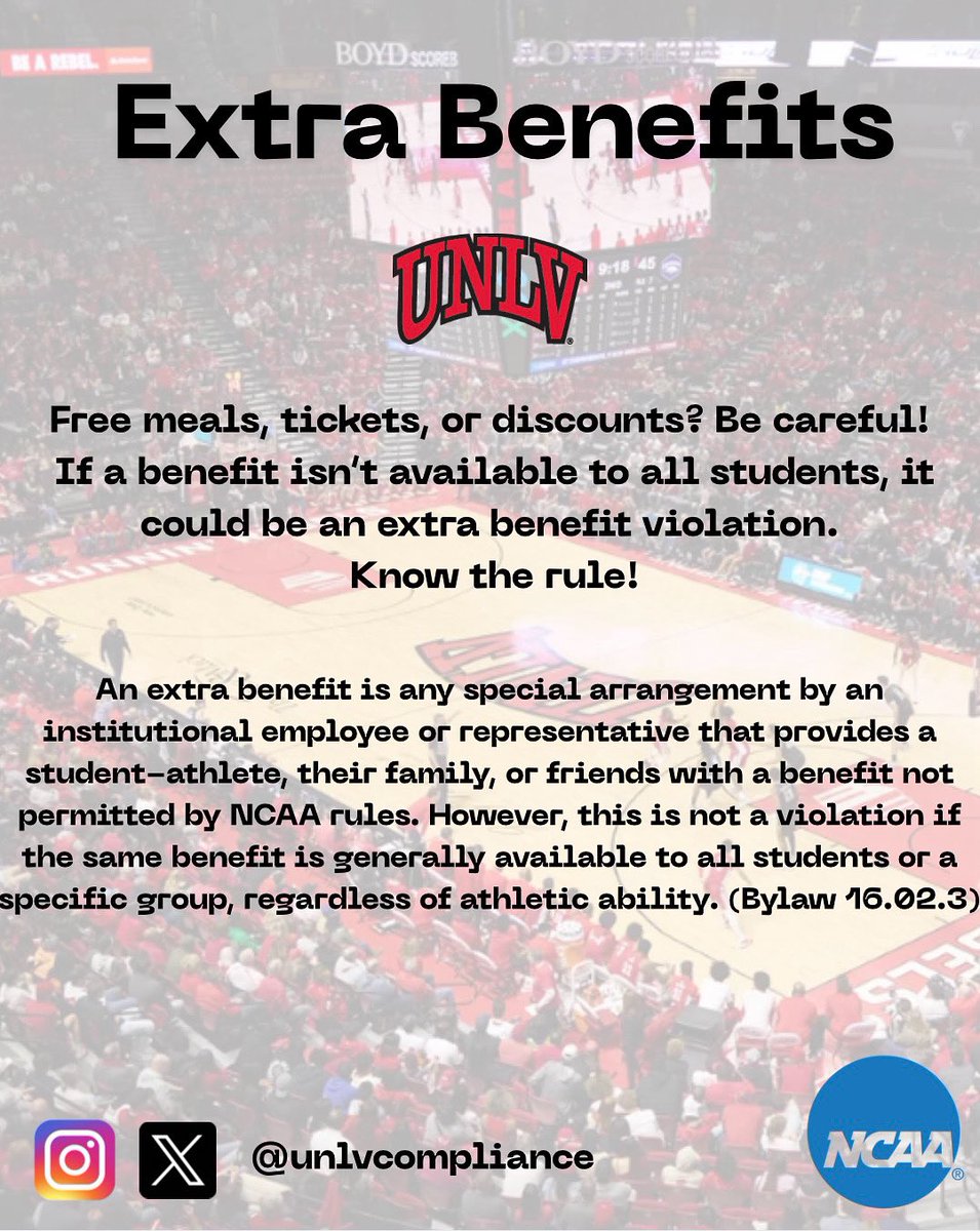 If you’re receiving something just because you’re a student-athlete — and it’s not available to all students — it could be a violation. 

❌ Free meals or tickets 
❌ Use of a car 

✅ Allowed if it’s offered to every student on campus! 

When in doubt, ask Compliance first!