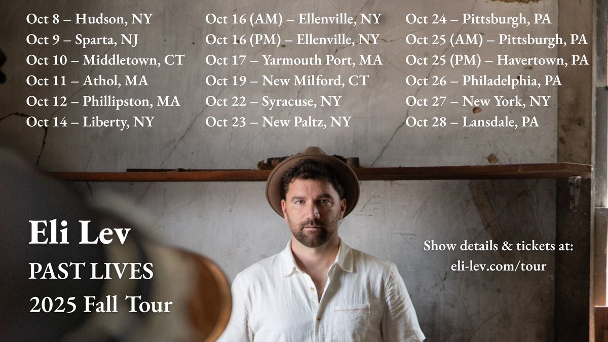 🍂🎶 Fall Tour 2025 🎶🍂

I’m hitting the road this fall with songs from Past Lives and can’t wait to sing them for you live!

See all dates + grab tickets here 👉 eli-lev.com/tour

💛 Hope to see you out there!
